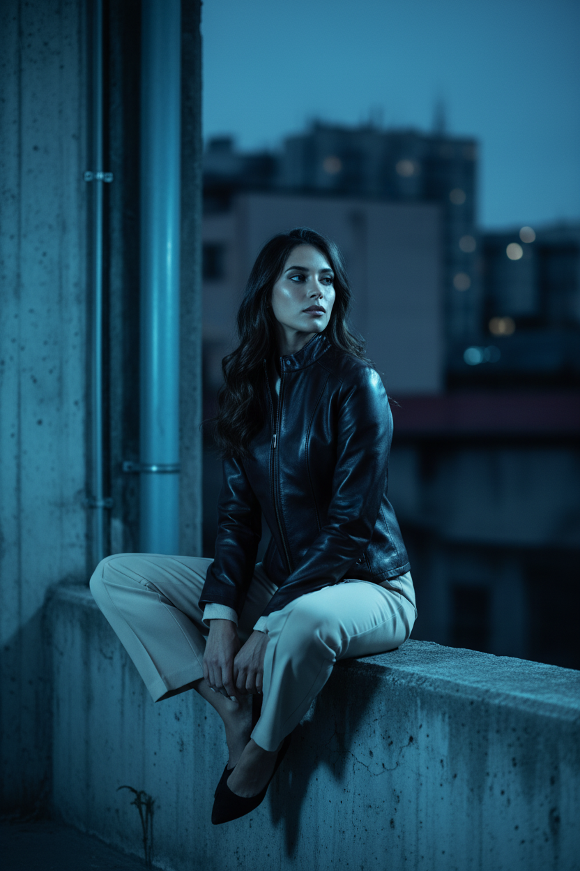 Dark Brown Leather Jacket – Sitting Urban Pose