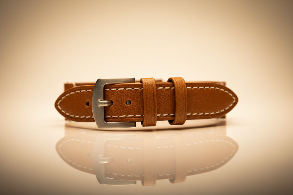 Tan cognac full-grain leather watch strap — cinematic studio shot