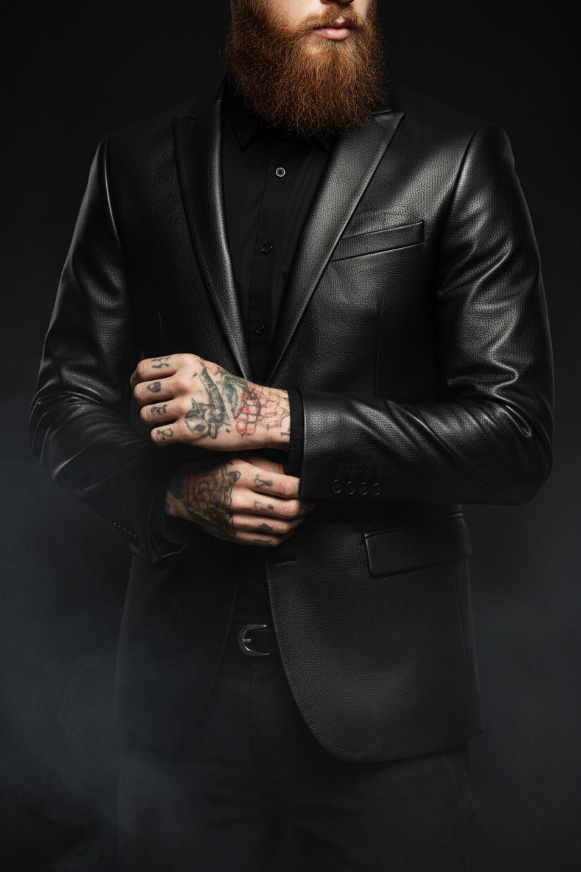 Men's black leather blazer upper body close-up
