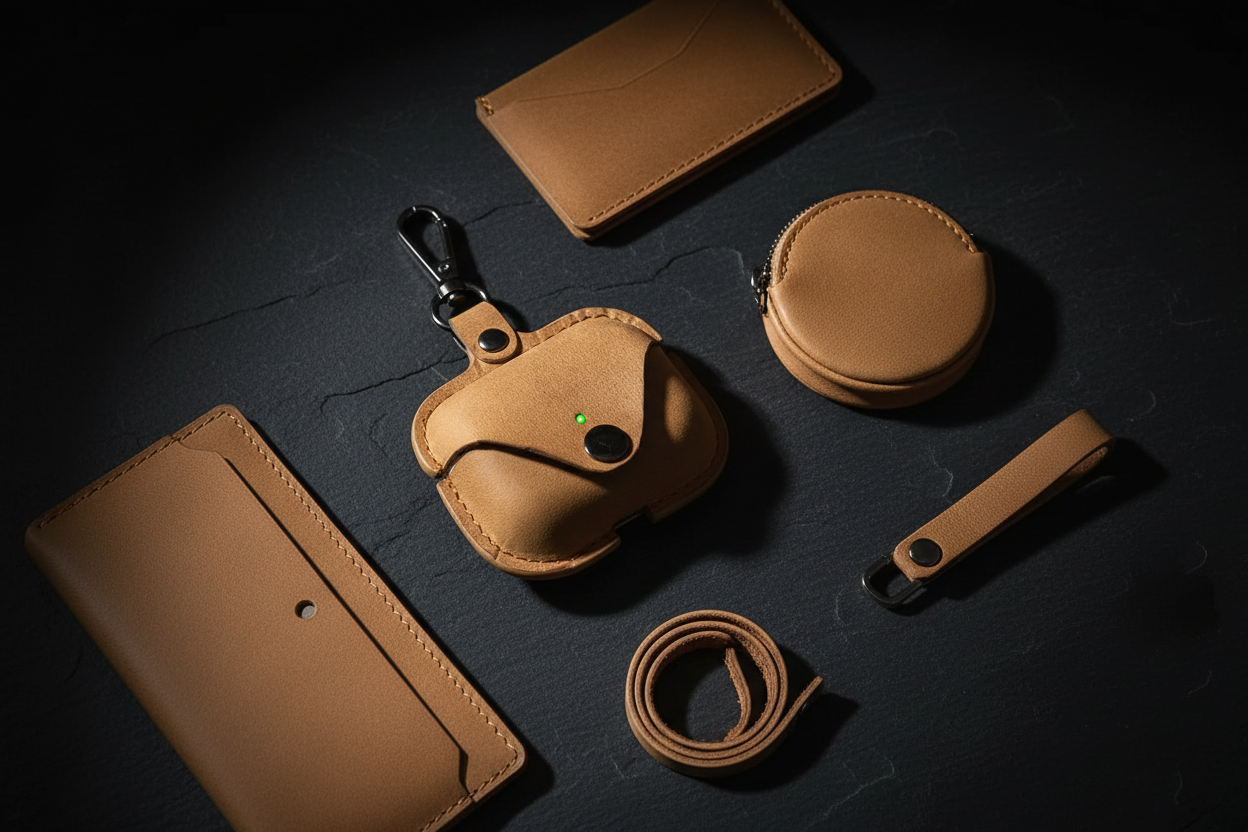 Leather AirPods Pro case — flat lay editorial