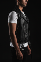 Men's black leather biker vest – side profile