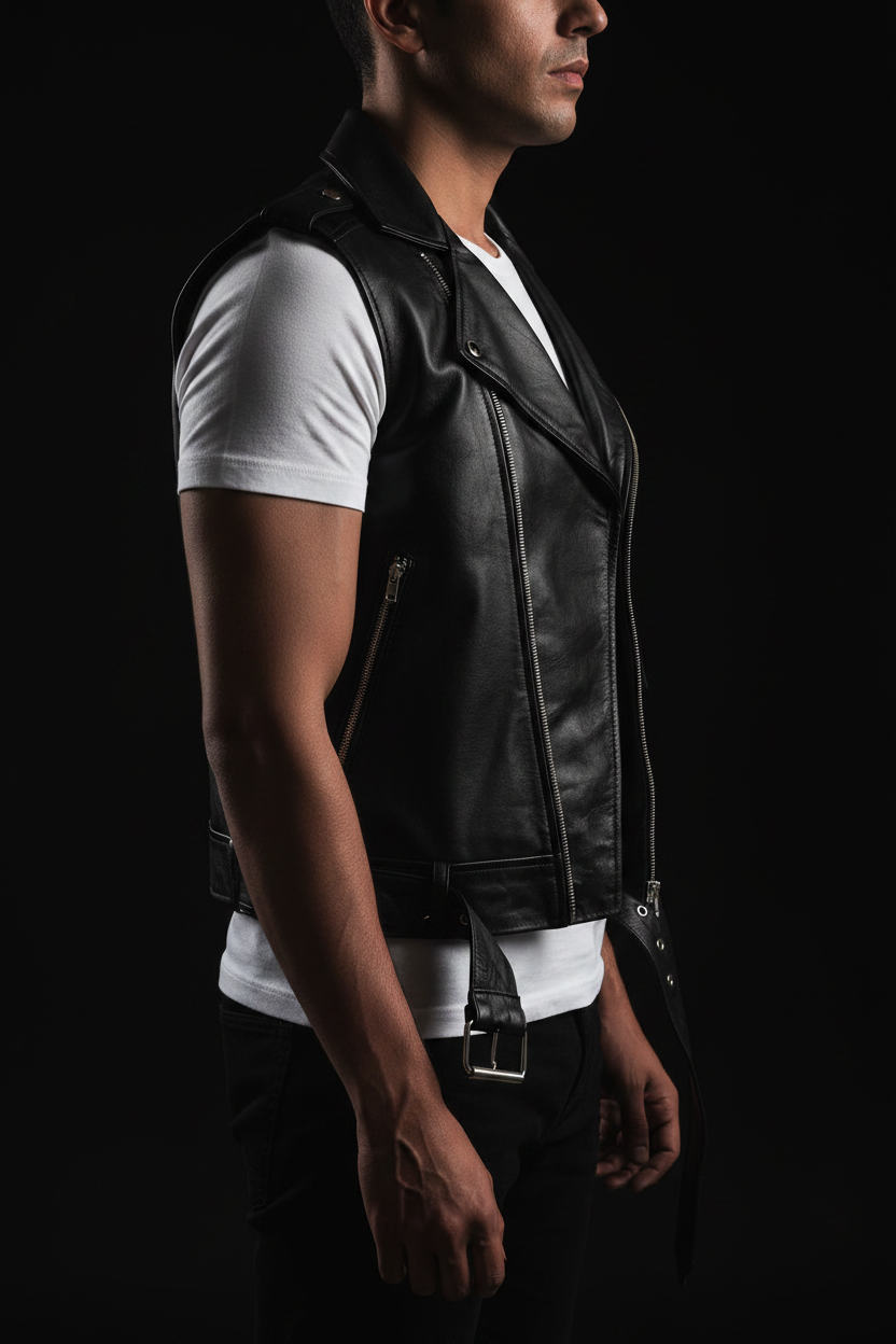 Men's black leather biker vest – side profile