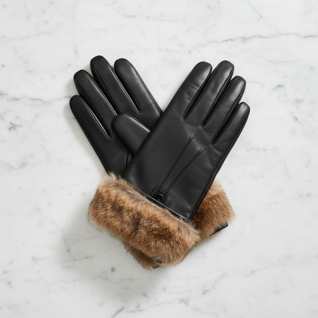 Black leather gloves with fur trim - flat lay