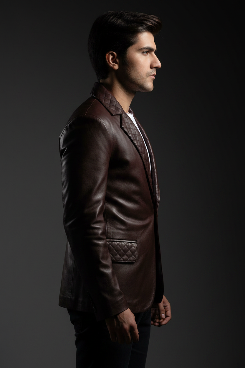 Dark brown quilted leather blazer side view