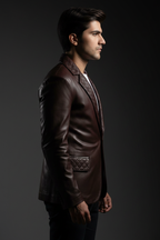 Dark brown quilted leather blazer side view