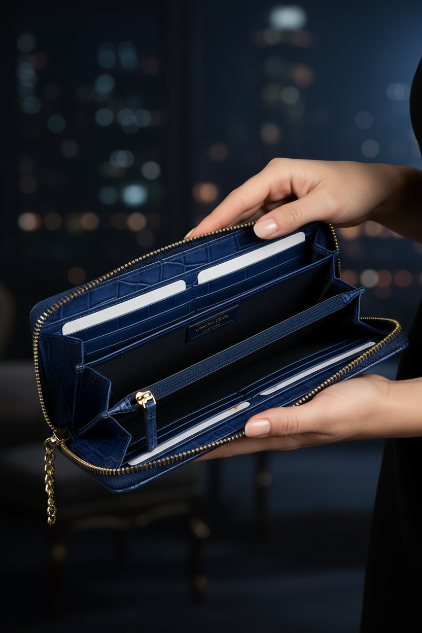 Lifestyle - clutch wallet open in hands showing interior