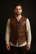 Men's brown leather medieval lace-up vest – front pose