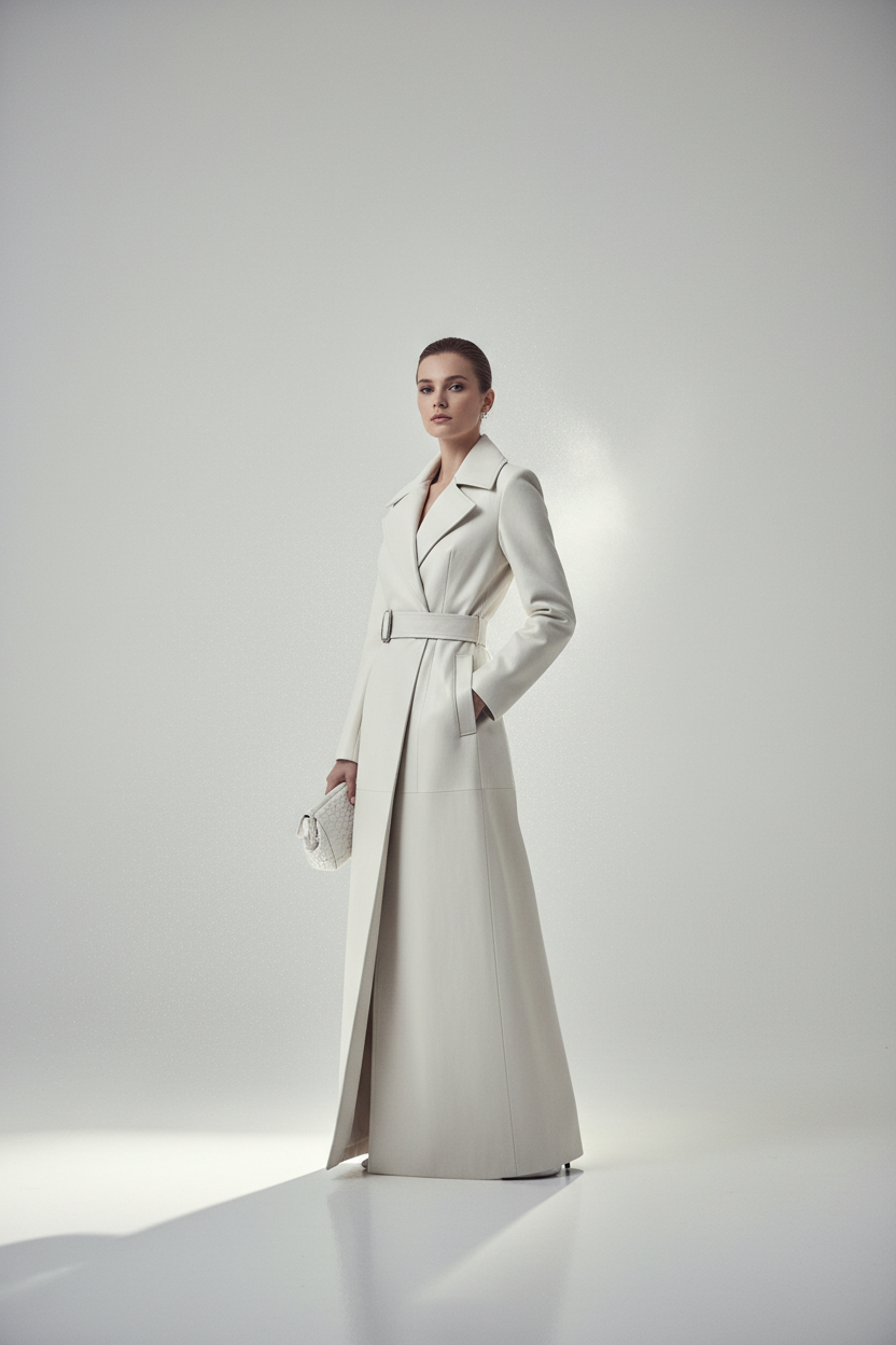 Model wearing women's long white leather coat, cinematic studio shot