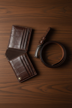Overhead flat lay - wallet open and belt