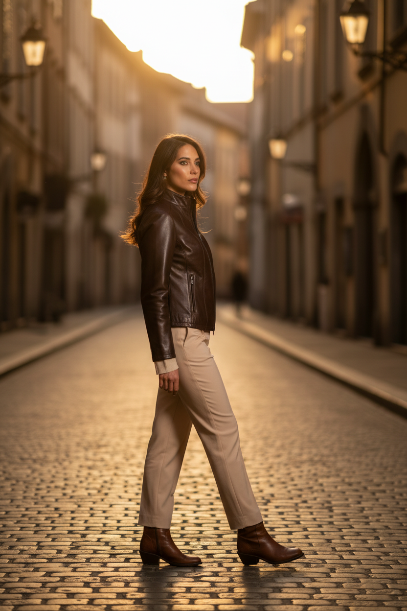 Dark Brown Leather Jacket – Cobblestone Street Golden Hour