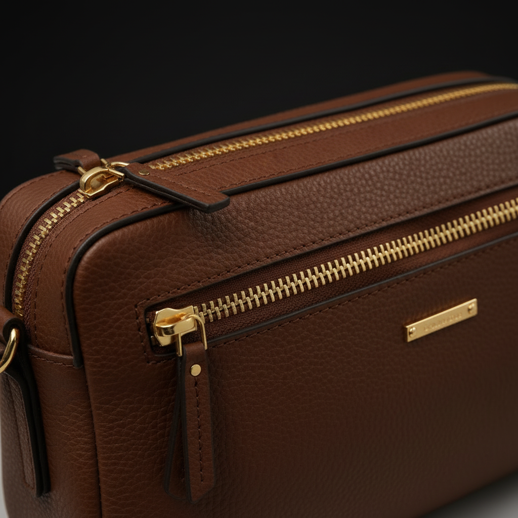 Close-up of leather texture and gold hardware