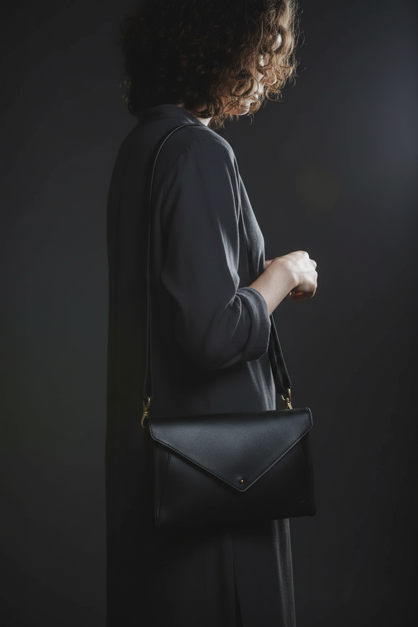 Black leather crossbody bag - model portrait