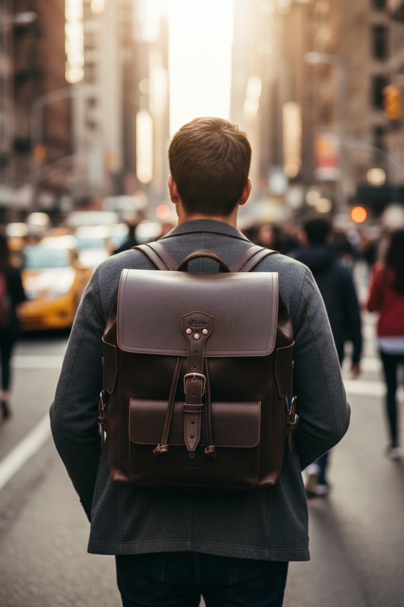 Man wearing Zunera dark brown leather backpack walking in city