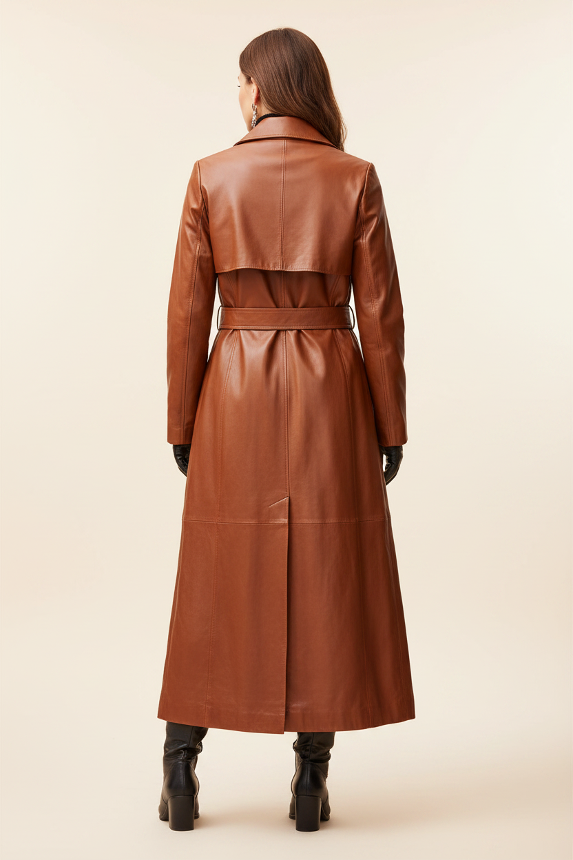 Brown leather trench coat — back view