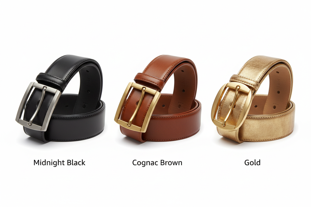 Three leather belt color variants side by side