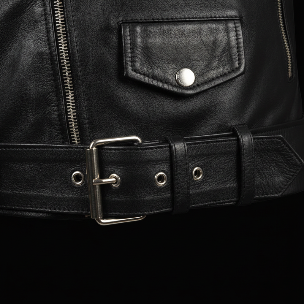 Men's black leather biker vest – belt buckle and studs close-up