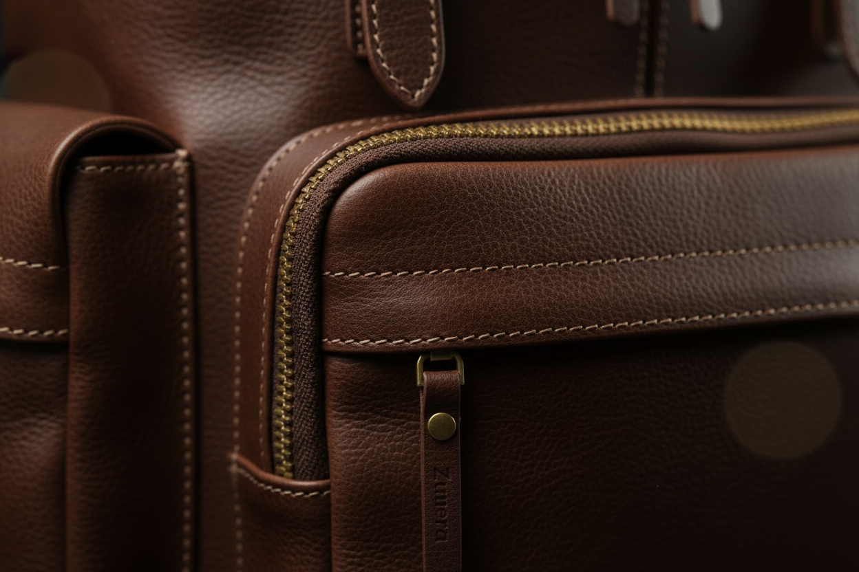 Close-up of Zunera leather backpack zipper and stitching detail