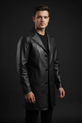Black leather long coat front model view