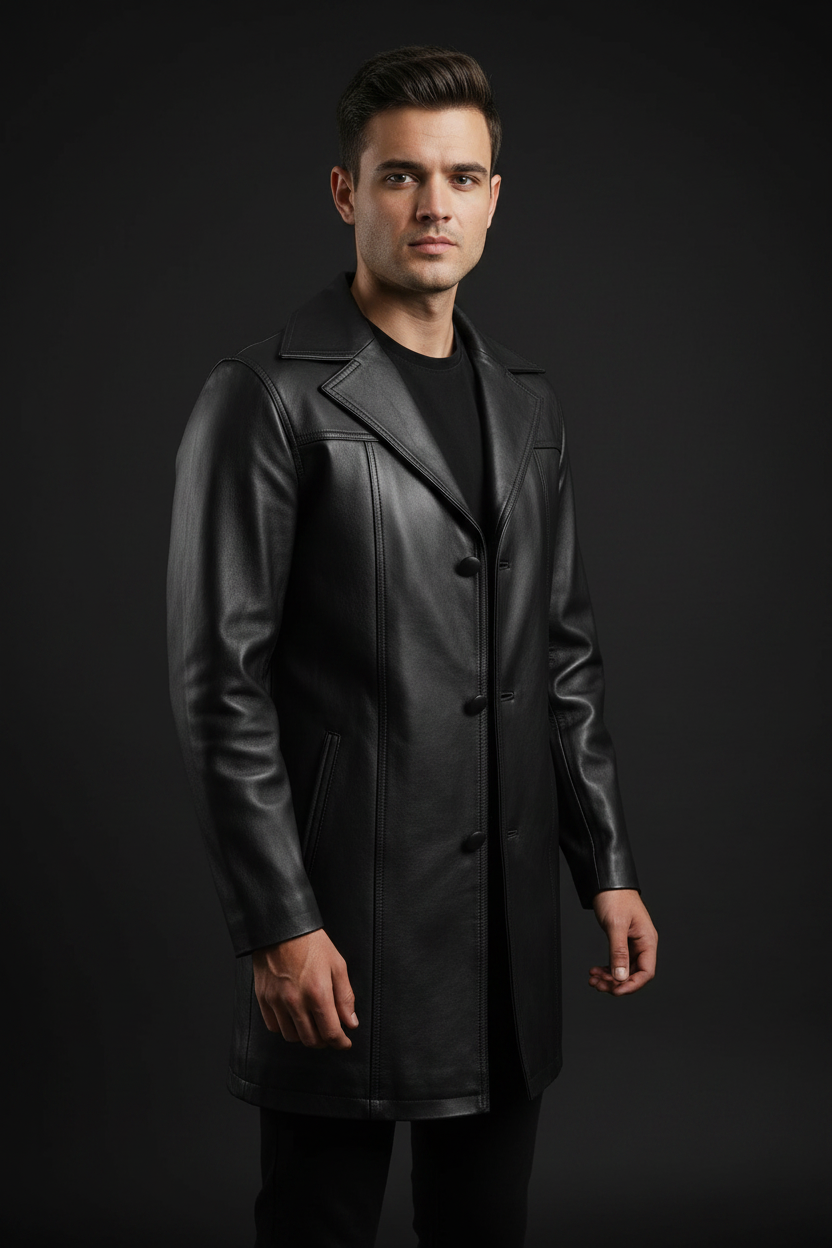 Black leather long coat front model view