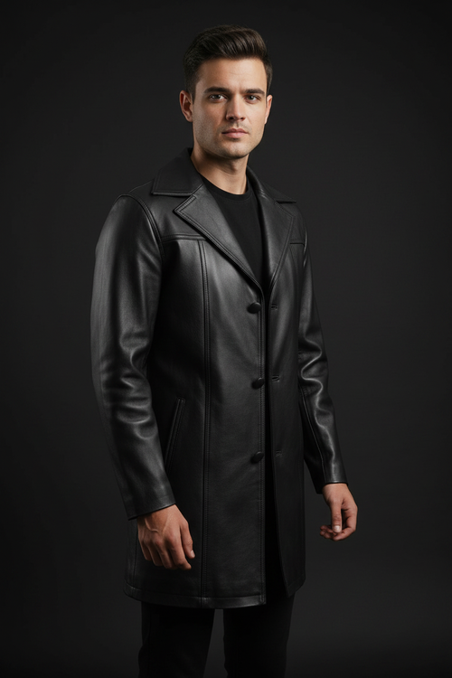 Black leather long coat front model view
