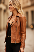 Brown Leather Biker Jacket – Side Profile