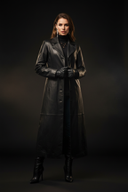 Black leather trench coat — front view studio