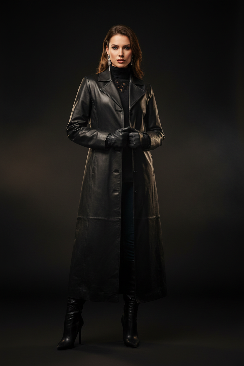 Black leather trench coat — front view studio