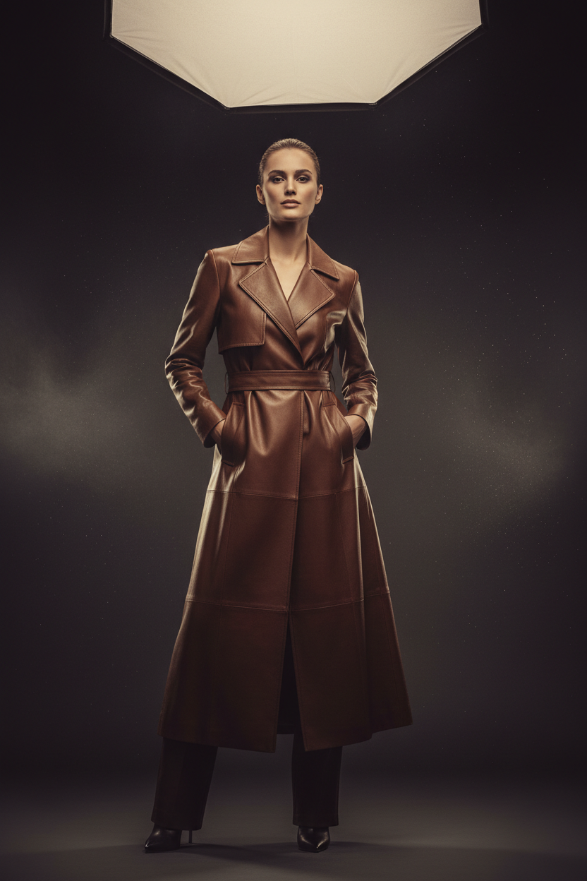 Model wearing women's long brown leather coat, cinematic studio shot