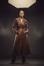 Model wearing women's long brown leather coat, cinematic studio shot
