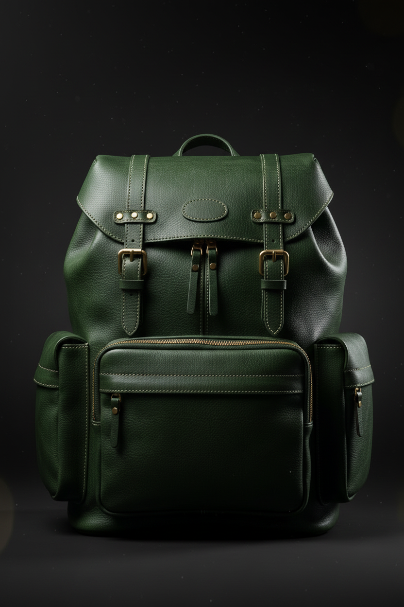 Premium Leather Backpack - cinematic studio shot on matte black