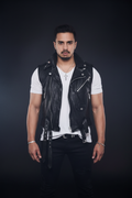 Men's black leather buckle biker vest – front pose