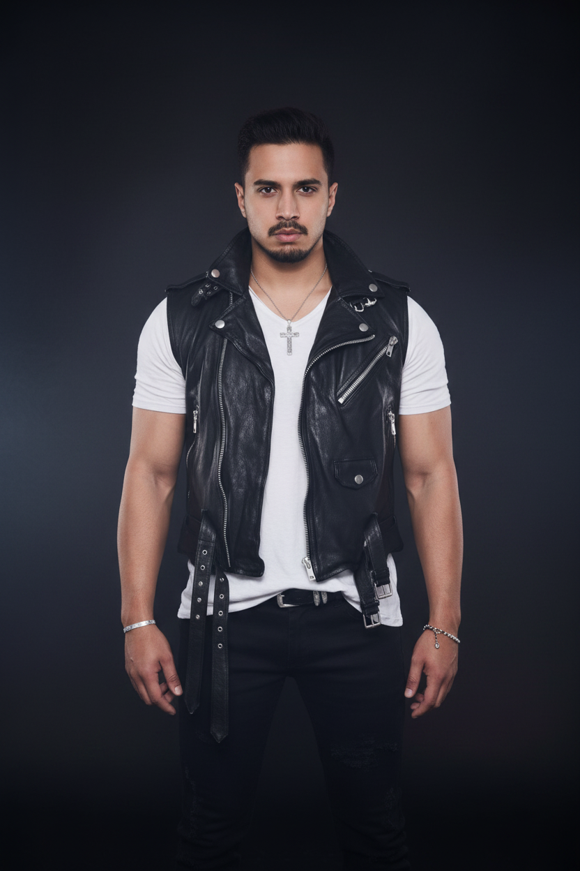 Men's black leather buckle biker vest – front pose