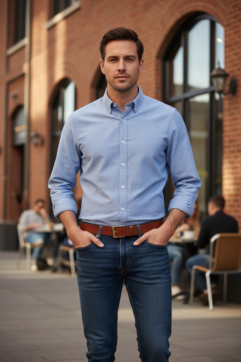 Man wearing cognac brown leather belt with jeans