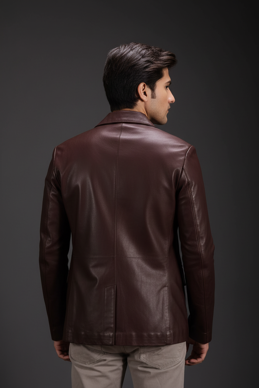 Dark brown quilted leather blazer back view