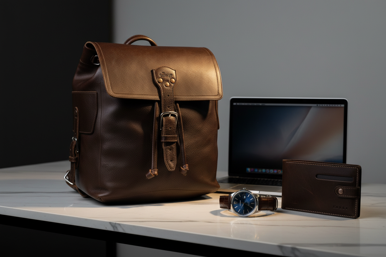 Zunera leather backpack on marble desk with luxury watch and MacBook