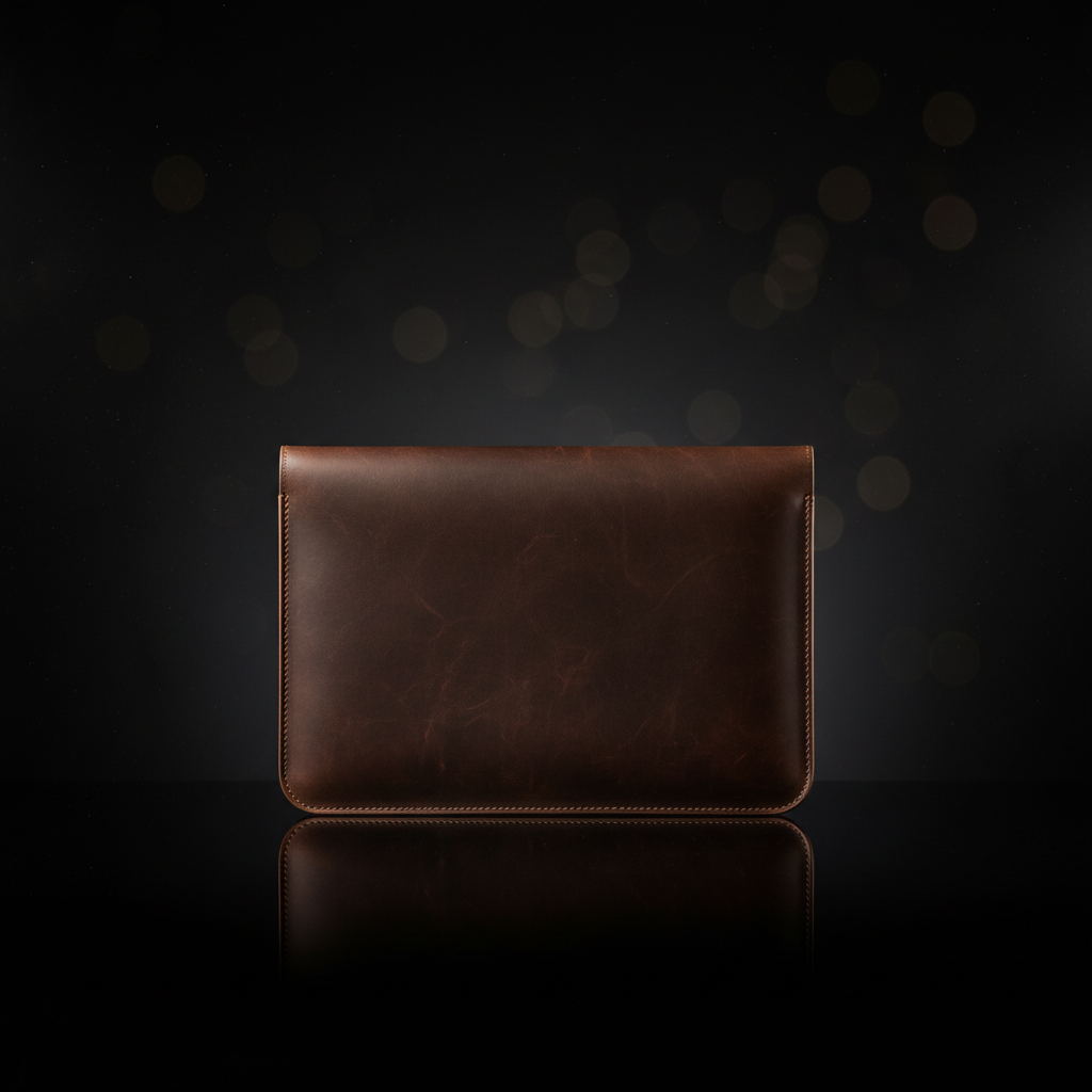 Zunera full-grain leather laptop sleeve in dark brown on matte black background