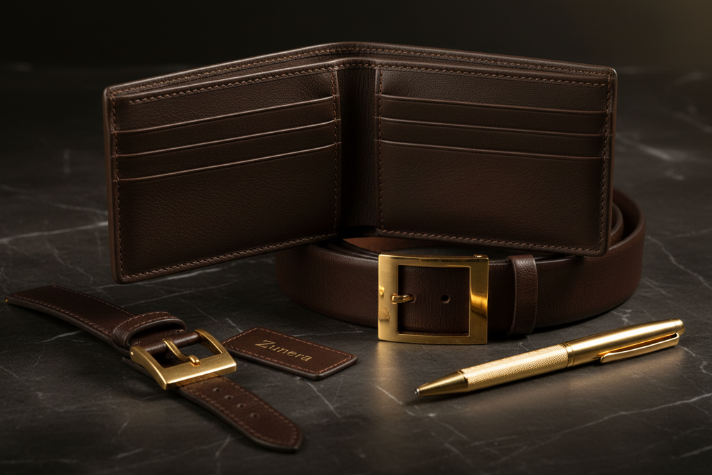 Close-up of wallet, belt, watch strap and pen accessories