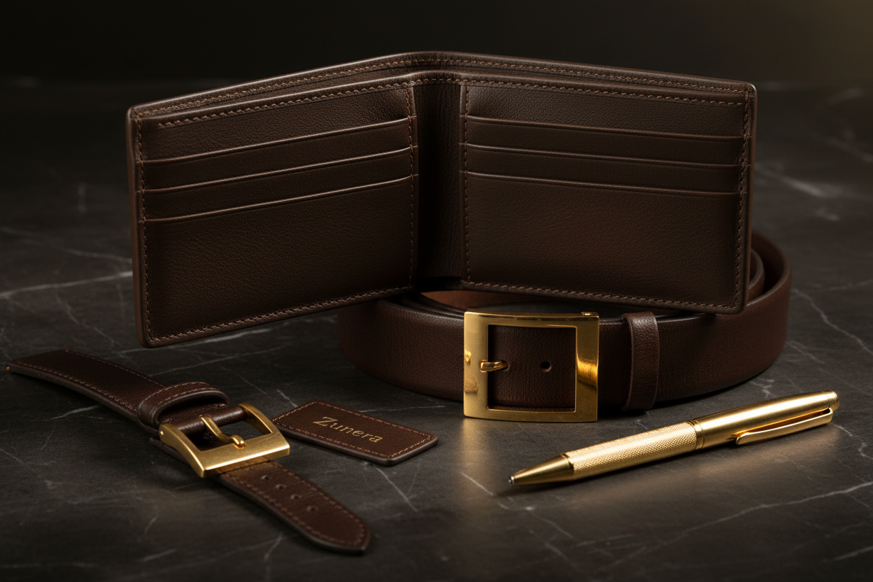 Close-up of wallet, belt, watch strap and pen accessories