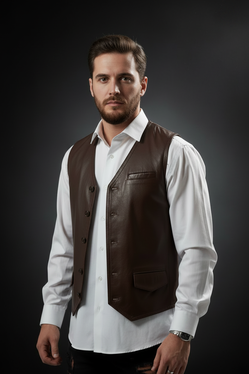 Men's brown leather vest – close-up detail