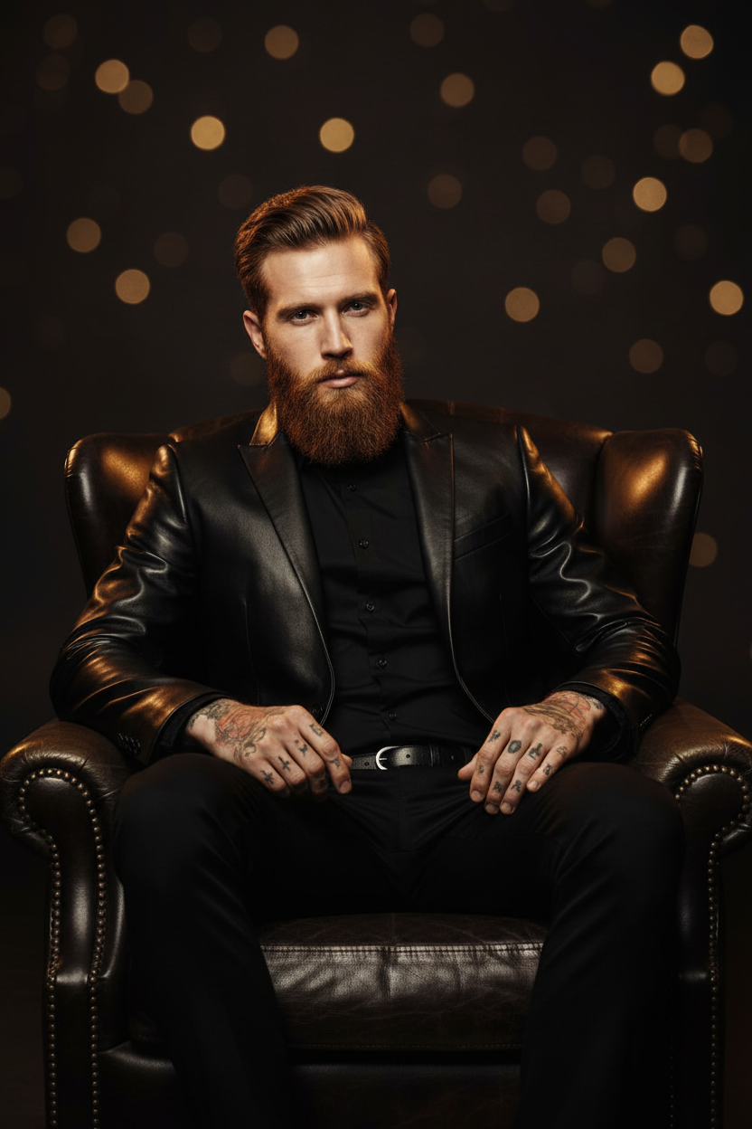 Men's black leather blazer seated Tom Ford style