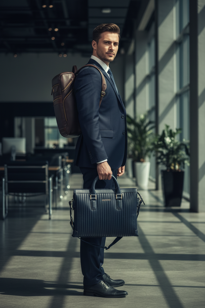 Professional man in suit with laptop bag and backpack lifestyle shot