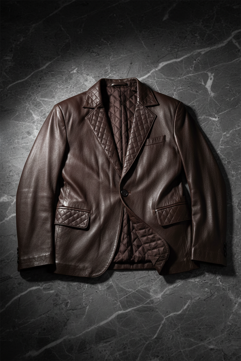 Dark brown quilted leather blazer flat lay