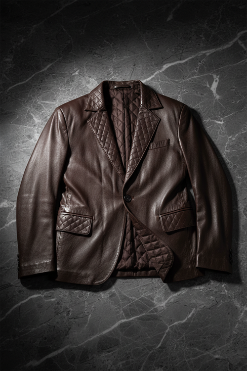 Dark brown quilted leather blazer flat lay