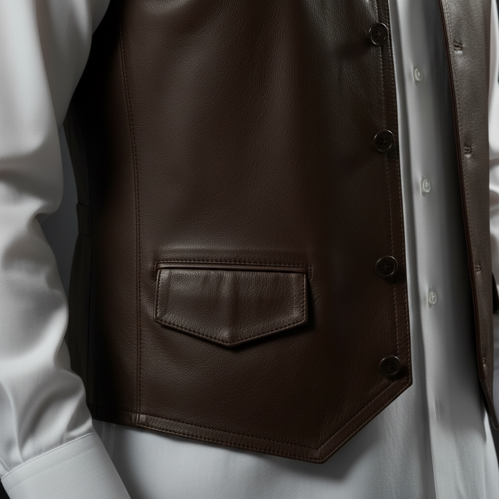 Brown leather vest – side pocket and waist close-up