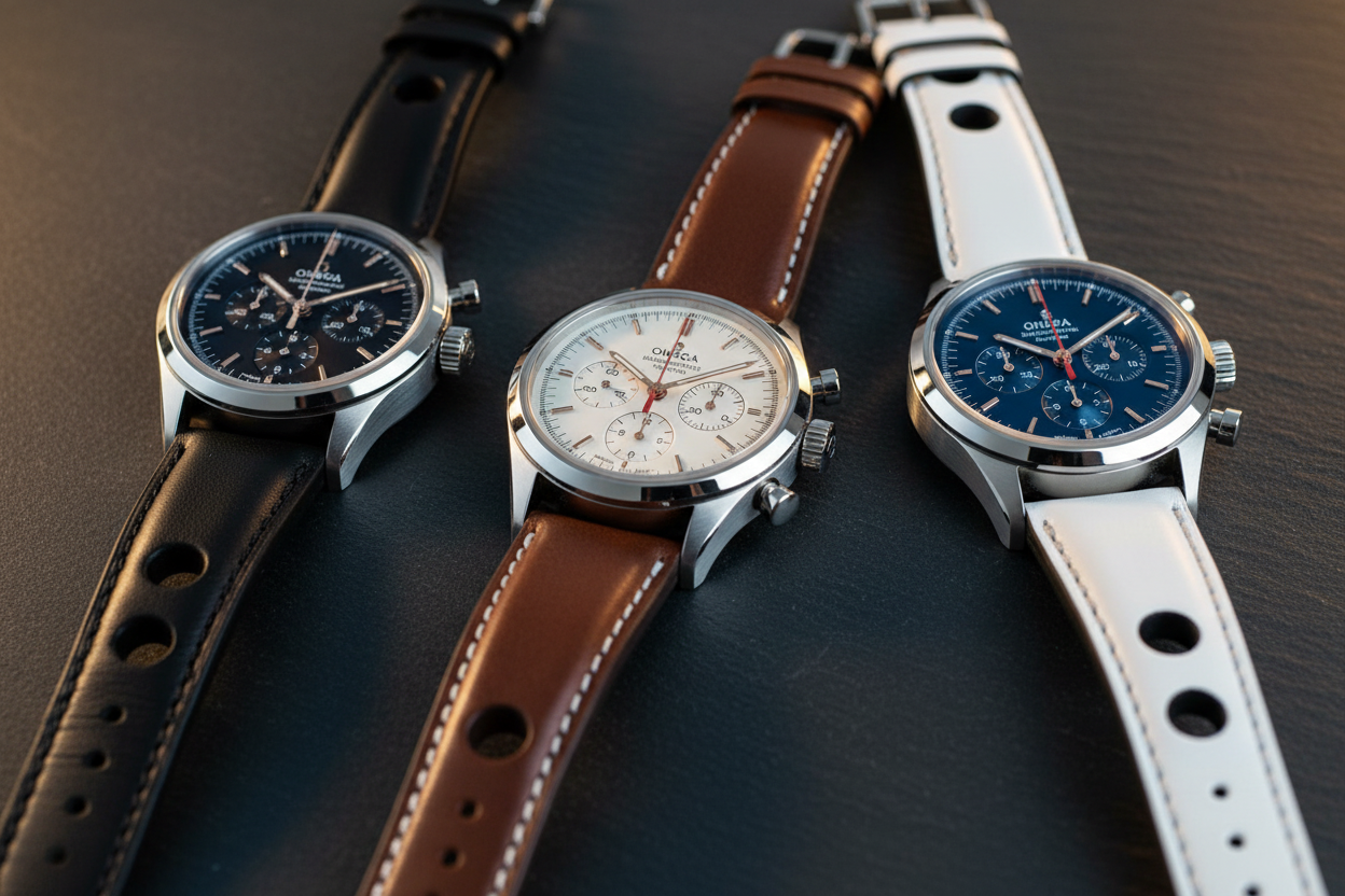 All 3 rally strap colors on watches — group cinematic shot