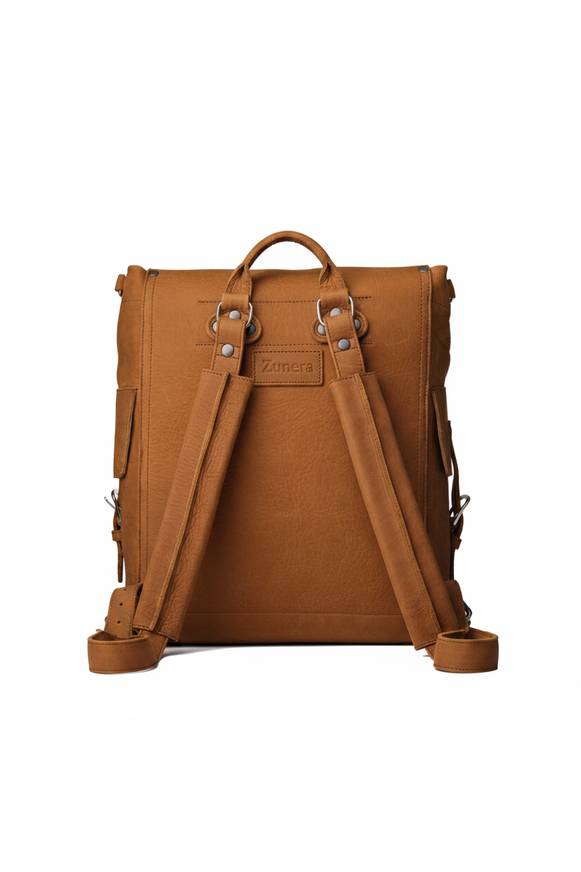 Zunera leather backpack back view with adjustable shoulder straps