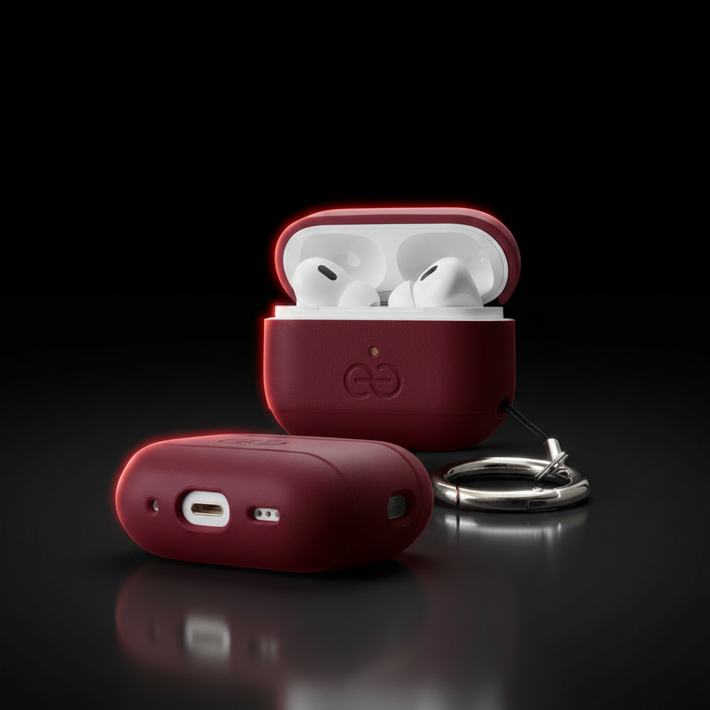 Burgundy AirPods Pro case — 45 degree open with AirPods