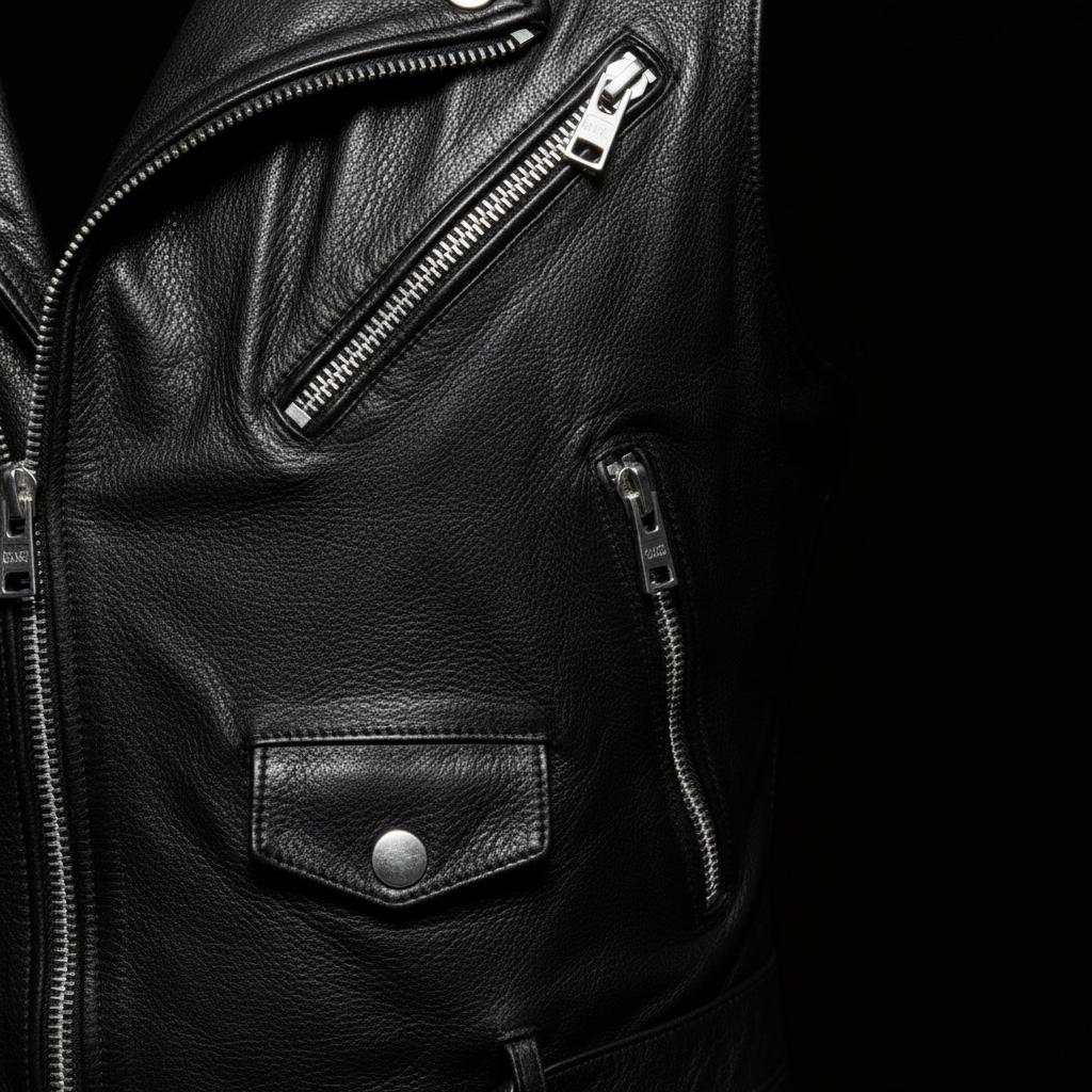 Men's black leather buckle biker vest – zipper and buckle close-up
