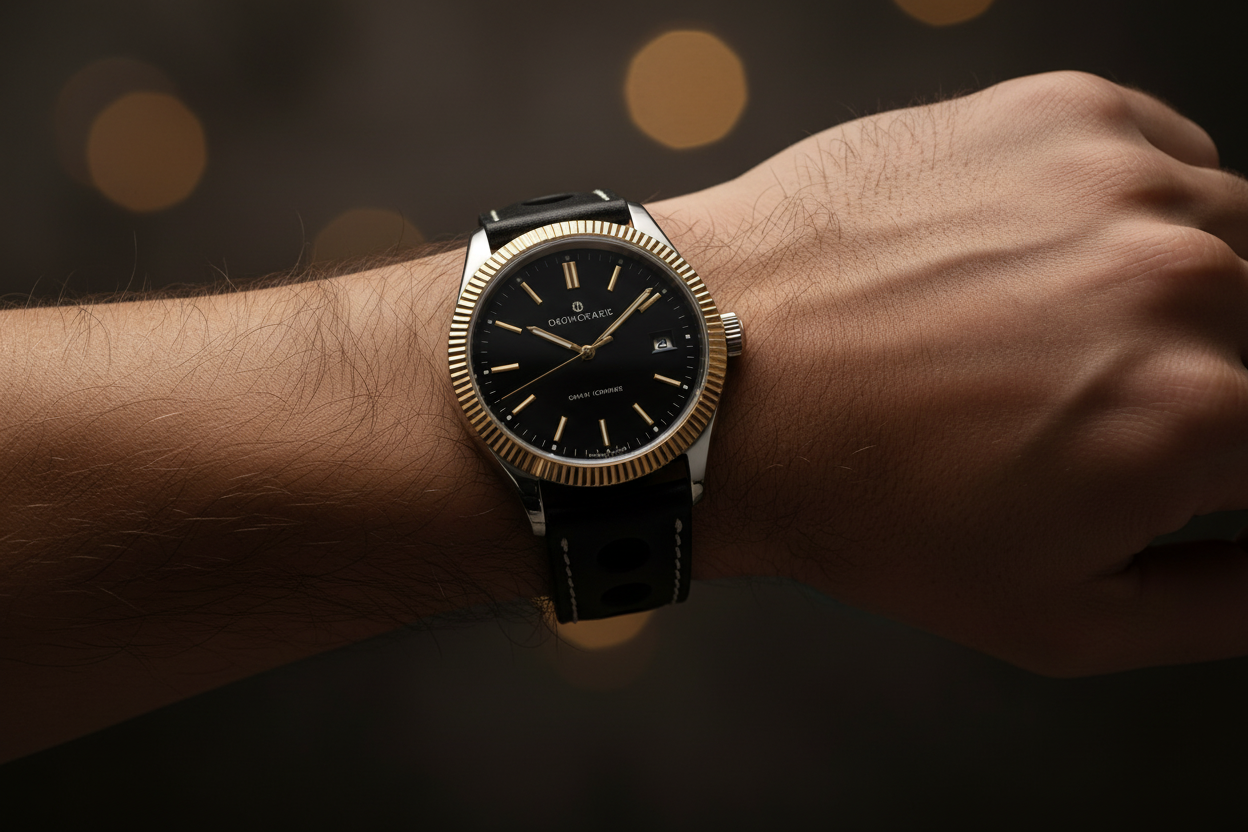 Black rally strap — wrist shot cinematic
