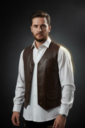 Men's brown leather vest – front pose